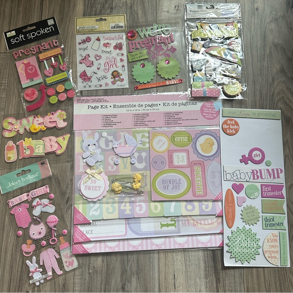 New Baby Pregnant Crafting Scrapbook Page Kit with Stickers Baby Girl  Pink